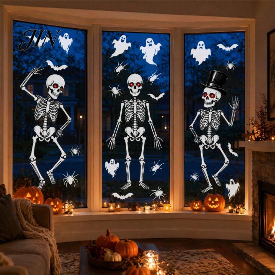 Rent-friendly Glass Decal 3Pcs Halloween Skeleton Stickers, Waterproof PVC Window Clings, Static Decals, Stress-free Removable Stickers for