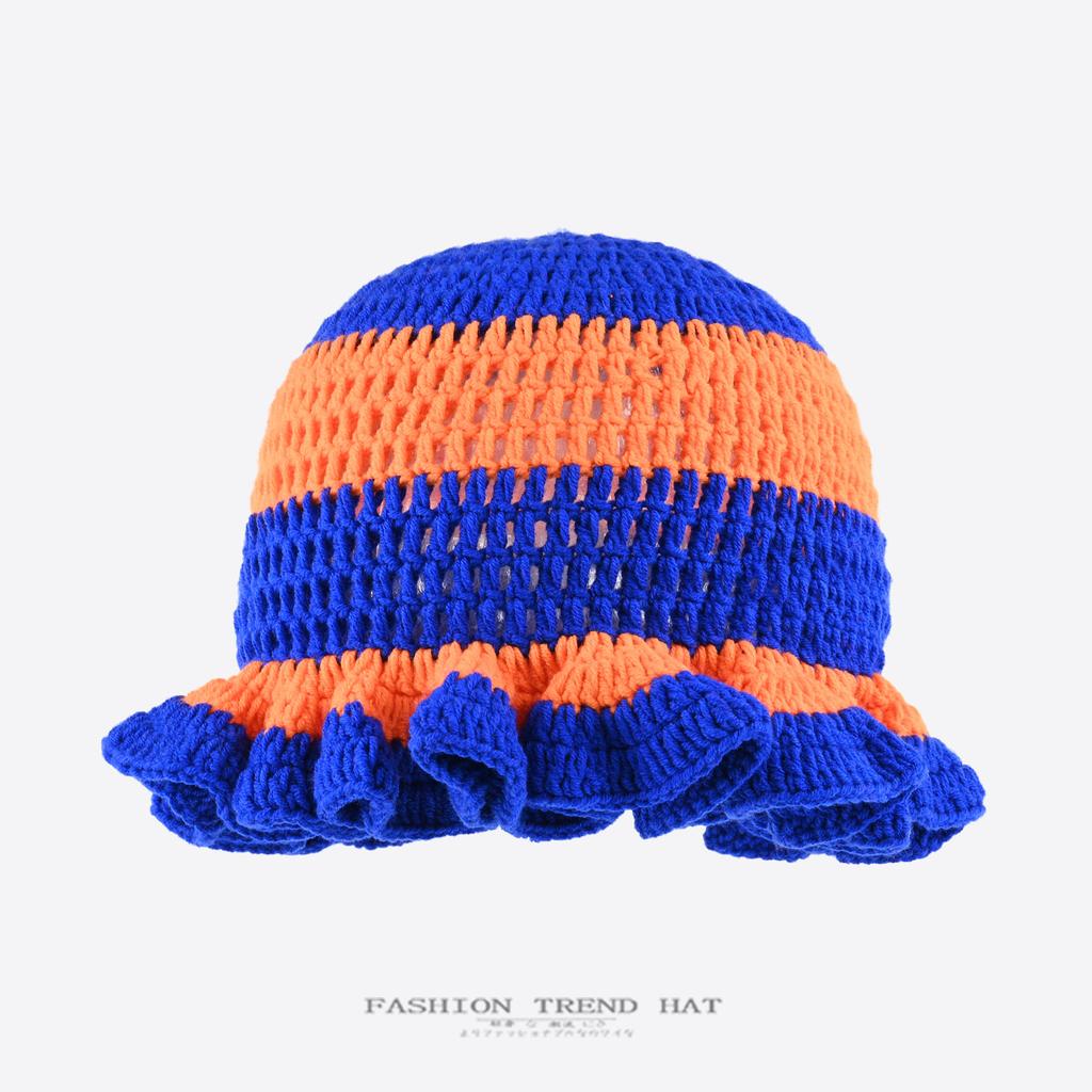 Hand Crocheted Ruffle Edge Knitted Hat Women Autumn Winter Warm Ear Protector Basin Hat Colored Ruffled Wool Bucket Hat