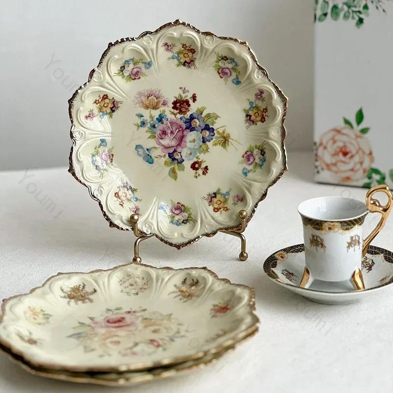 Talerz obiadowy w stylu vintage francuskim Kolorowe kwiatowe talerze ceramiczne Elegancka popołudniowa herbata Deser Płaskie naczynia Naczynia stołowe gospodarstwa domowego
