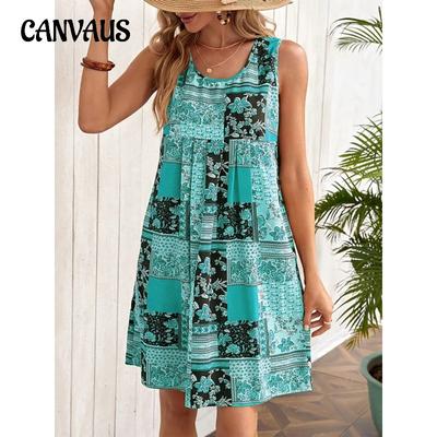 Καλοκαιρινό γυναικείο φόρεμα Plus Size Αμάνικο Φορέματα με γιλέκο Μοντέρνα εμπριμέ φορέματα