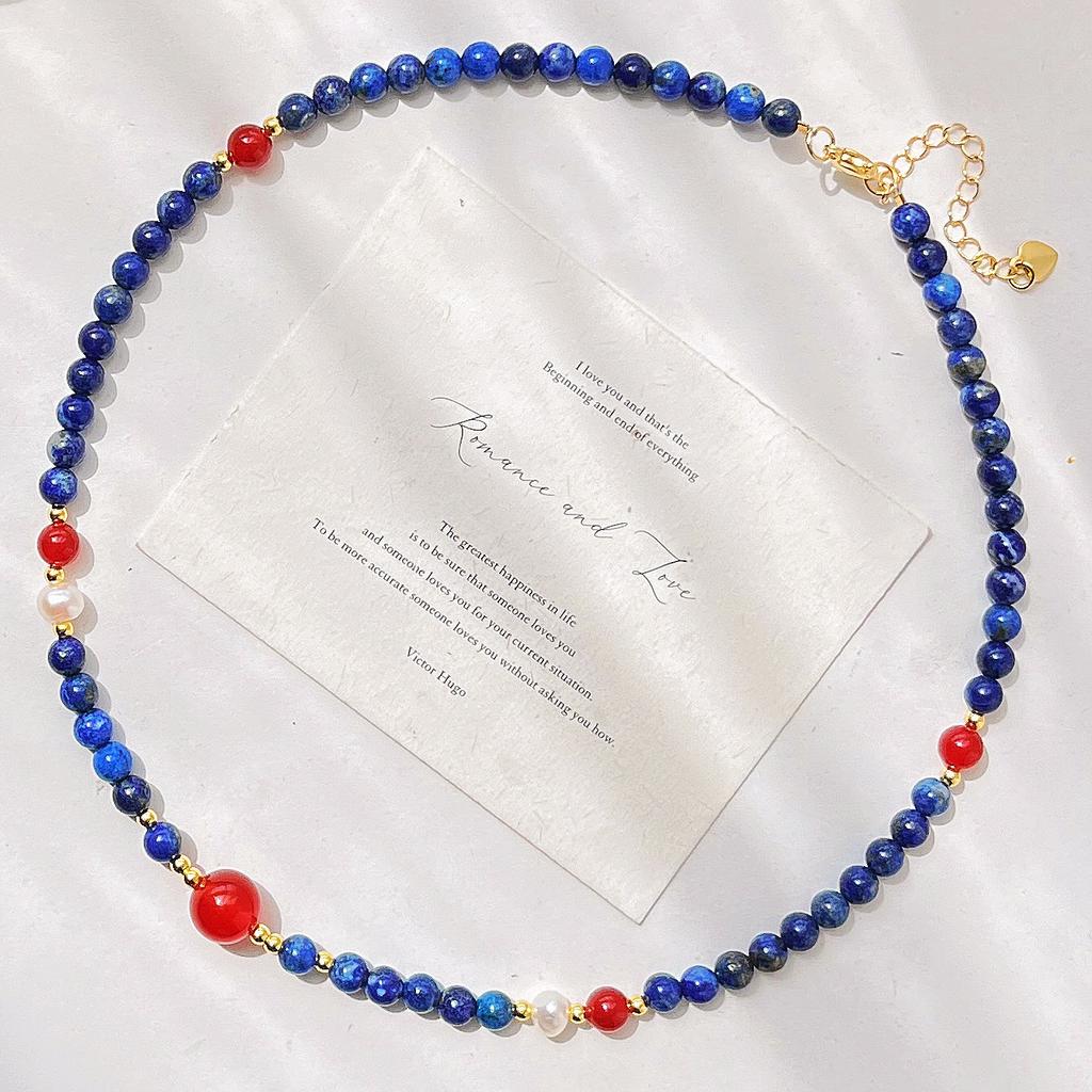 High Quality Natural Lapis Lazuli Freshwater Pearl Gypsy Collarbone Chain Necklace Neck Chain Female