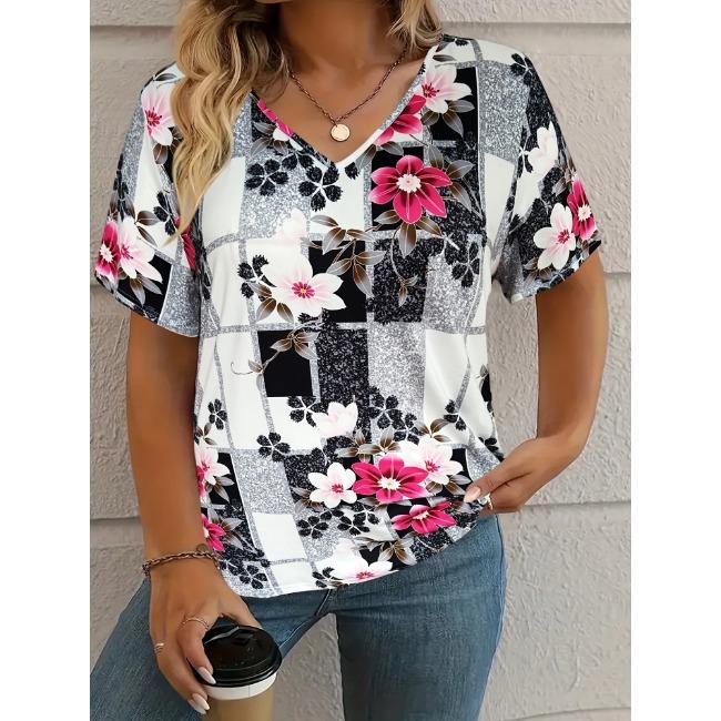 Summer V-neck 3D Retro Flower Printed Top Fashionable Casual Short Sleeved Women's T-shirts