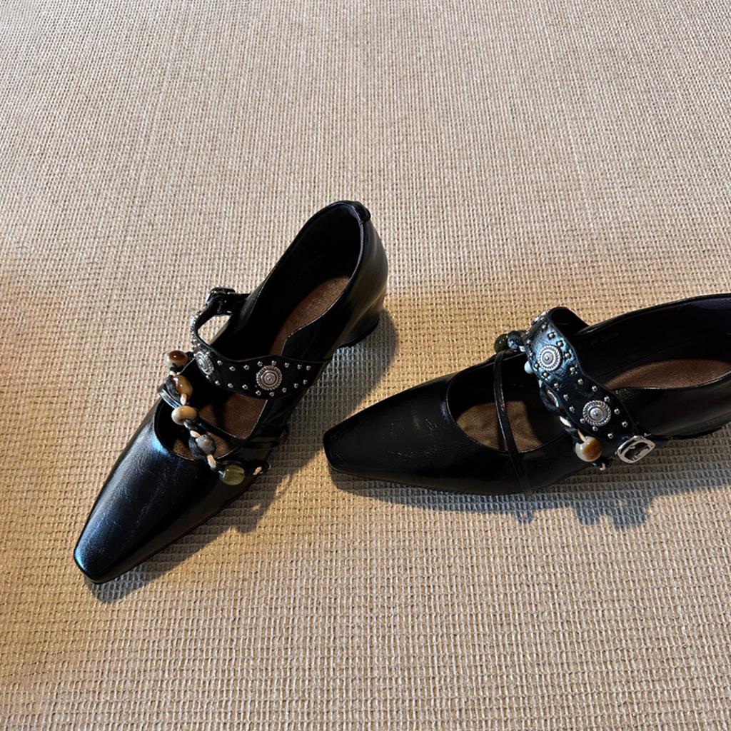 Retro style rivets beaded square head inner height increase Mary Jane shoes shallow mouth word with temperament single shoes