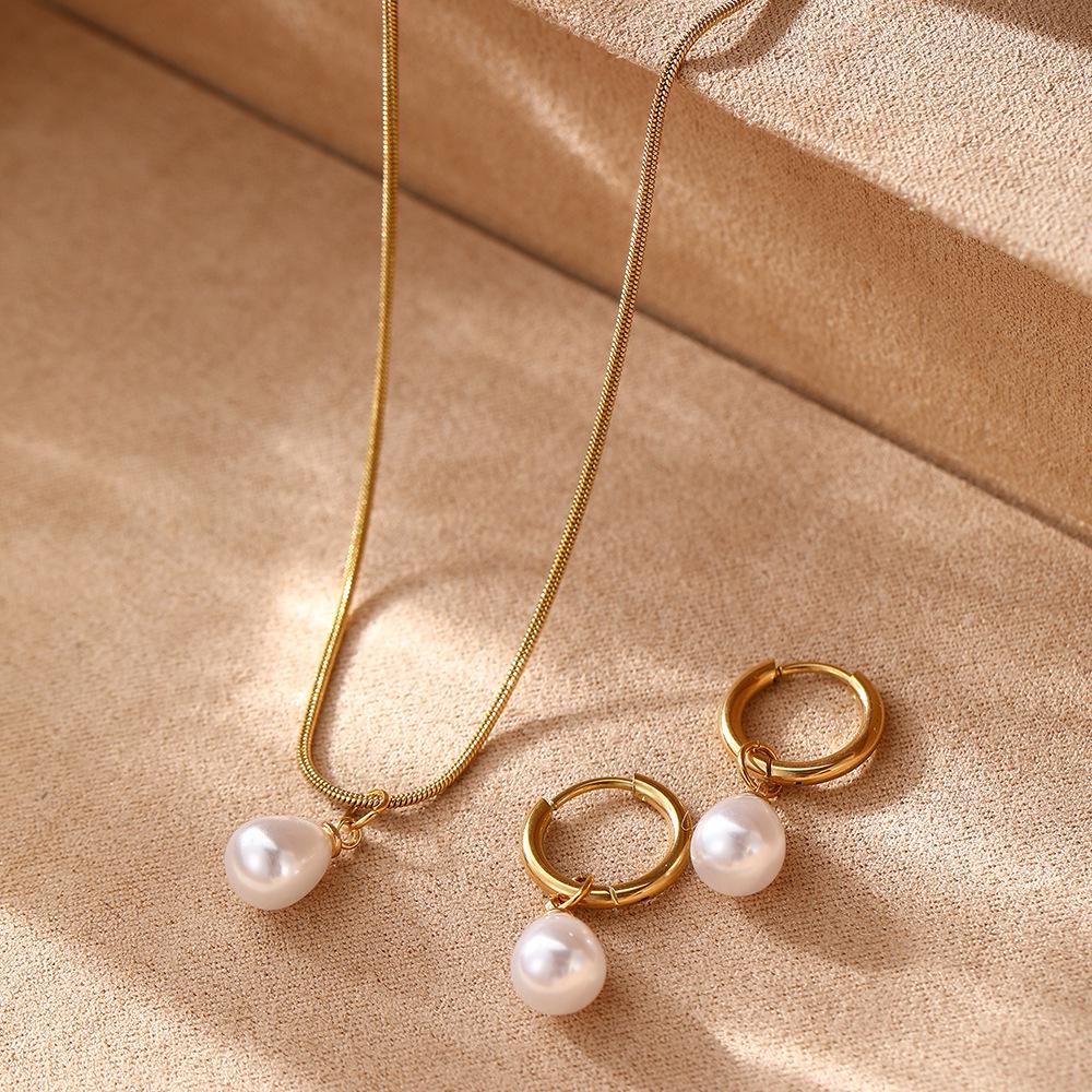 Hochwertiges Edelstahl Süßwasserperlen Anhänger Halskette & Ohrring Set - Damenschmuck Luxus