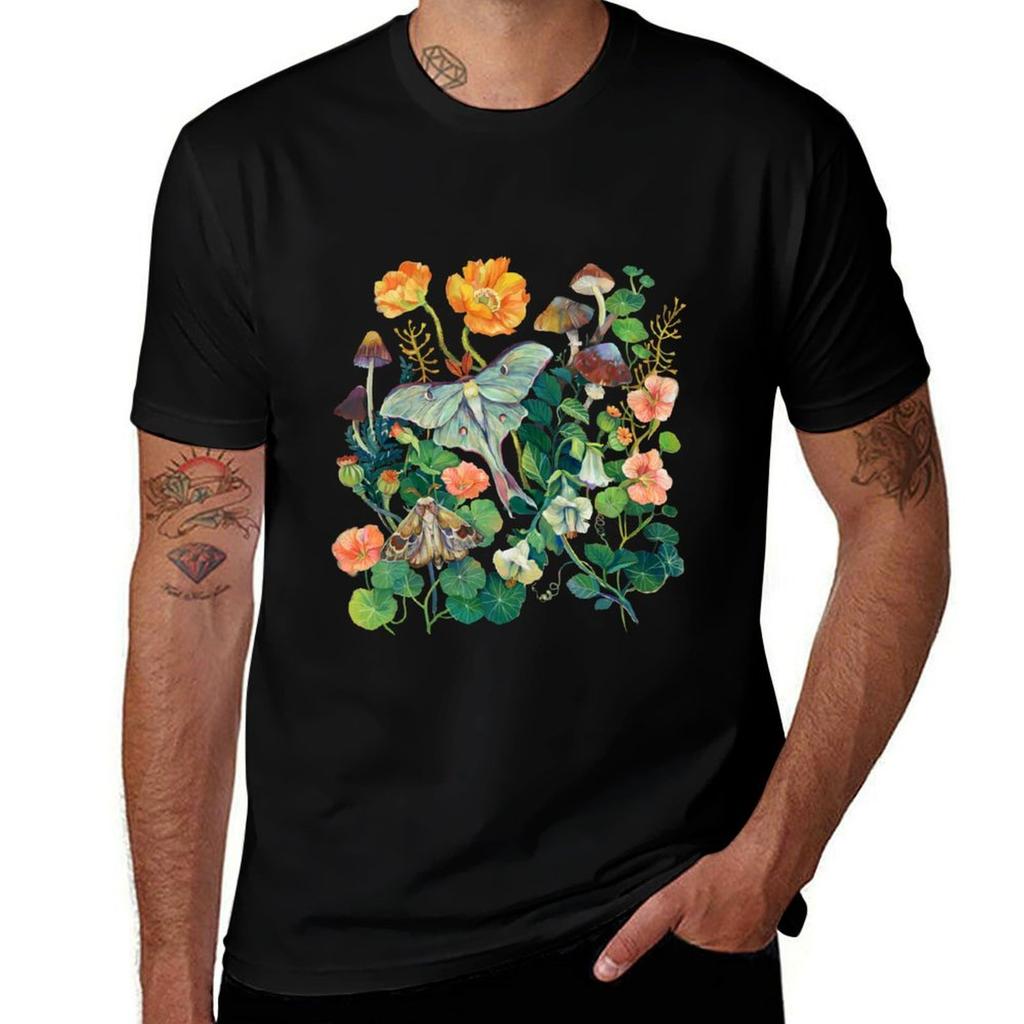 Floral Luna Moth Tshirt Basic Casual Short Sleeve Cotton Shirt