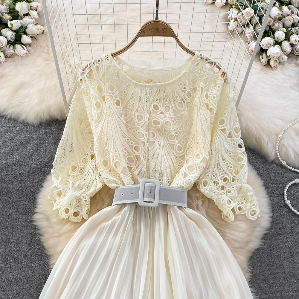 Summer Women Hollow Out Lace Pleated Long Dress Vintage Female O-Neck Yellow/Purple/Blue/Black Patchwork Draped Maxi Vestidos