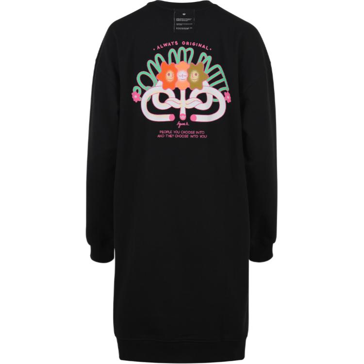 Adidas Originals Trefoil Logo Striped Print Straight-Leg Sports Long Sleeve Dress Women dresses Black HT3773