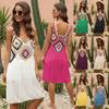 Women Crochet Halter Maxi Dress Color Block Geometric Pattern Beach Dress Multi Colors