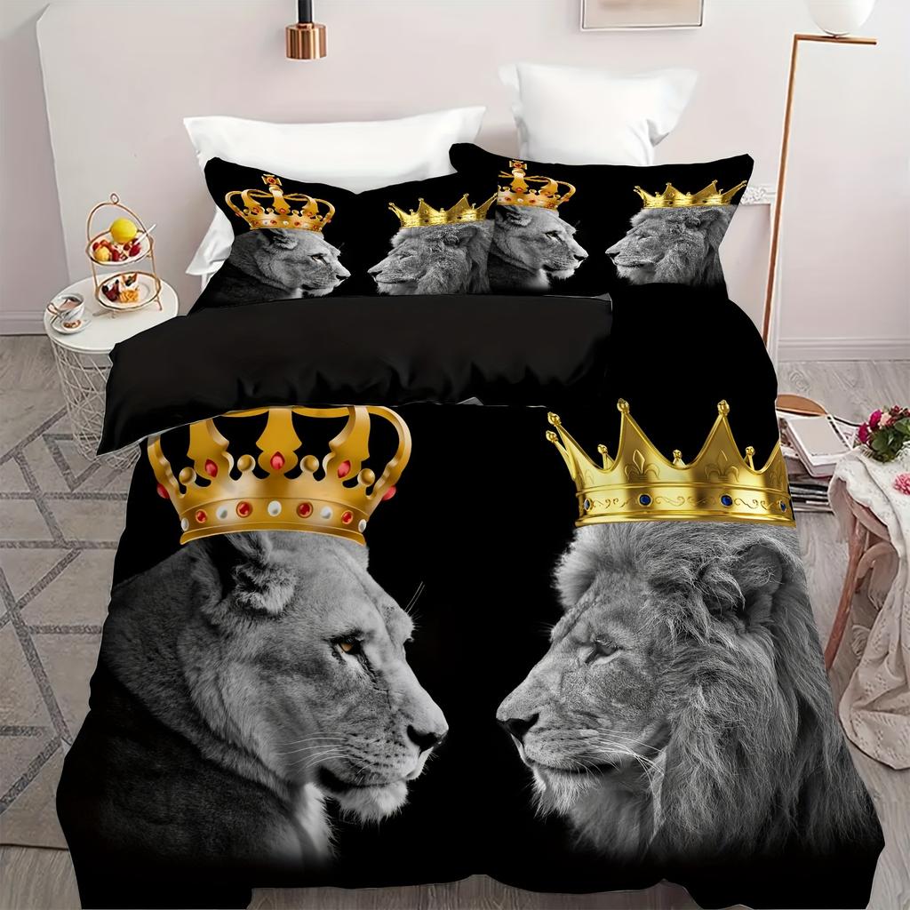 2/3 st Lyxigt Krona Lejonkungen Och Drottningen Leopardtryckt Påslakan Set - Mjukt, Levande Och Slitstarkt Sängkläder För Sovrum Present