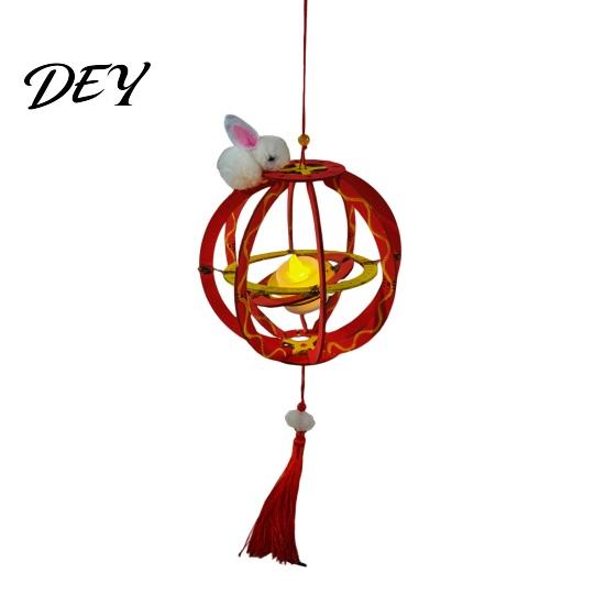 LED Candle Lantern Toy DIY Kit for Mid-Autumn Festival, Hollow Wooden Rotating Ring Making Set with Rabbit, Handmade Tassels