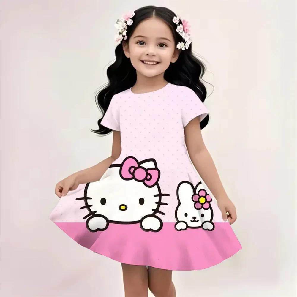 Sanrio Summer Dress Fashion Cartoon Cute Cinnamoroll Hello Kitty 3D Printing Dress Kid Short Sleeve Princess Clothing Kuromi