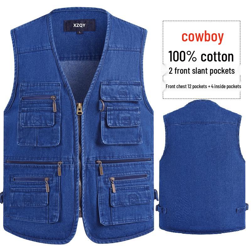 Men's Army Green Multi-Pocket Cotton Tank Top, Plus Size 10XL, Spring/Autumn Wear