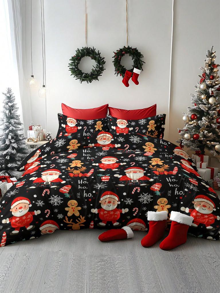 2/3pcs Christmas Tree, Gift, Snowflake, Deer, Santa Claus Pattern Digital Printing Brushed Duvet Cover Set, Soft & Comfortable