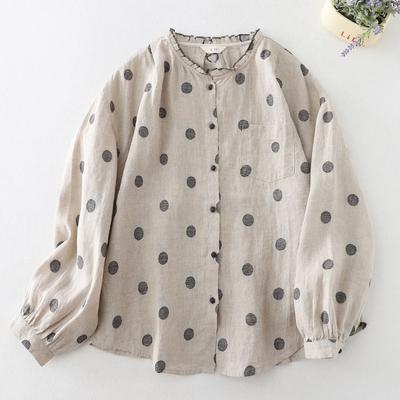 Frühlings-Vintage-Bluse für Damen mit Punktemuster, literarisches, lockeres Langarm-Shirt aus Baumwollleinen für Frauen