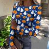 Women's Casual Long Sleeve Ribbed Top Halloween Pumpkin Print Crew Neck Slim Fit Stretchy Lightweight Shirt for Fall