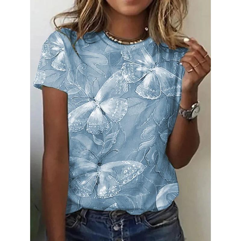 Summer Round Neck 3D Butterfly Print Top Fashionable Casual Short Sleeved Women's T-shirts