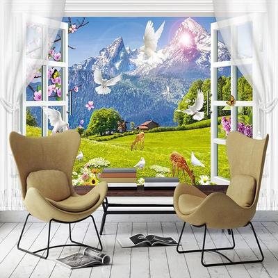 3d Window Snow Mountain Wallpaper Grassland Animal Landscape Photo Wall Murals Living Room Bedroom Wall Paper