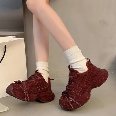 2025 Women's Ins Super Fire Rhinestone Full Diamond Straps Casual Burgundy Niche Design Handsome Platform Sneakers Dad Shoes