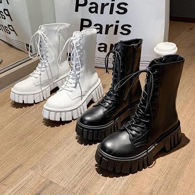 Herbst Damenstiefel Motorradstiefel High Heel Plateaustiefel PU Lederstiefel Frühling Schwarz Schnürschuhe Damenschuhe botas mujer botines