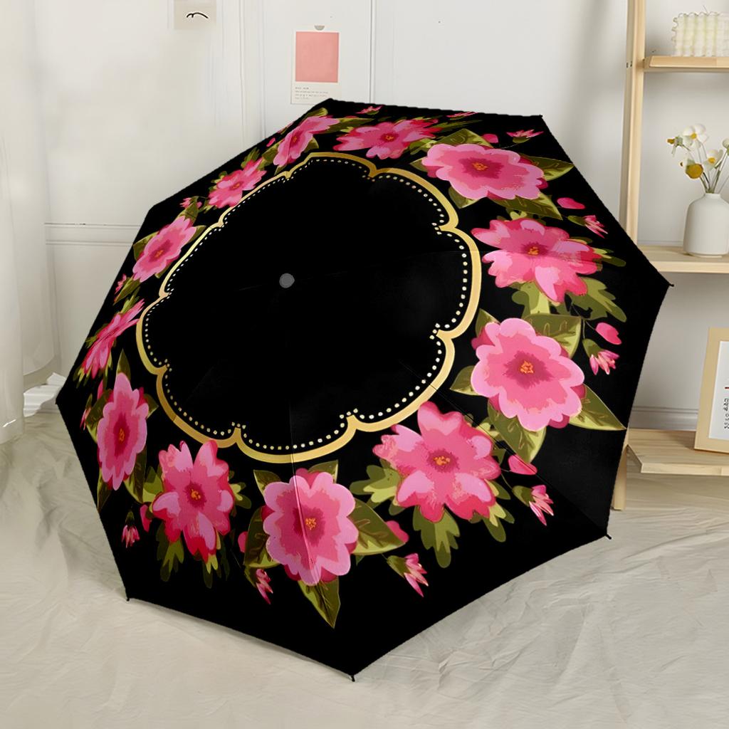 Red Rose Wreath Design Compact Travel Automatic Umbrella Folding Umbrella with 8 Ribs Lightweight All-Season Use Elegant Women's Umbrella