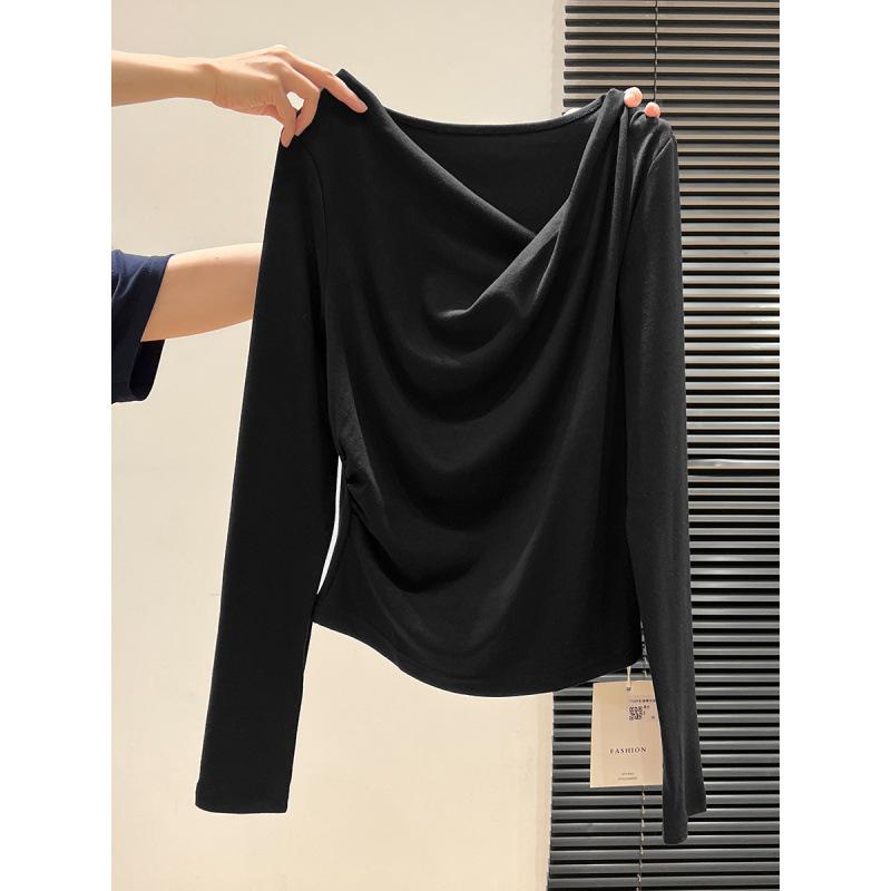 Women's Pink Asymmetrical Off-Shoulder Long-Sleeve T-Shirt - 2025 Autumn Slim-Fit