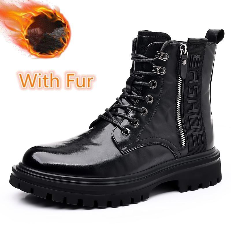 Fashion New Genuine Leather Mens Motorcycle Boots Fashion Casual High Top Shoes High Quality Male Biker Boot Warm Plush Fur Winter Botas