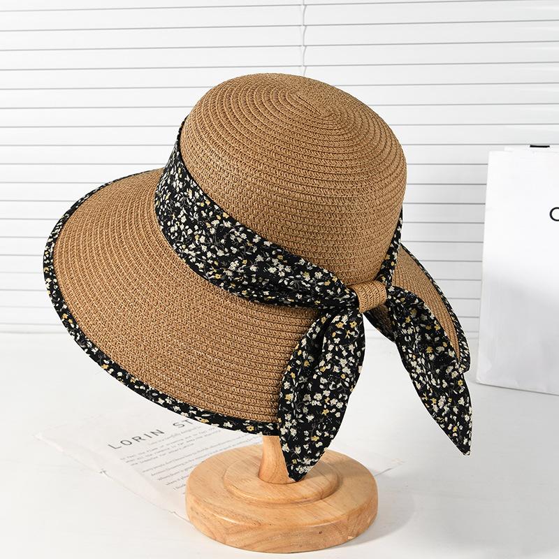 New straw hat women's summer floral bow sun hat versatile simple holiday wind beach hat