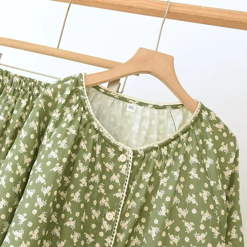 2025 Japanese New Women's Spring/Summer Pajama Two Piece Set 100% Cotton Round Neck Cardigan Long Sleeve Pants Home Clothing Set