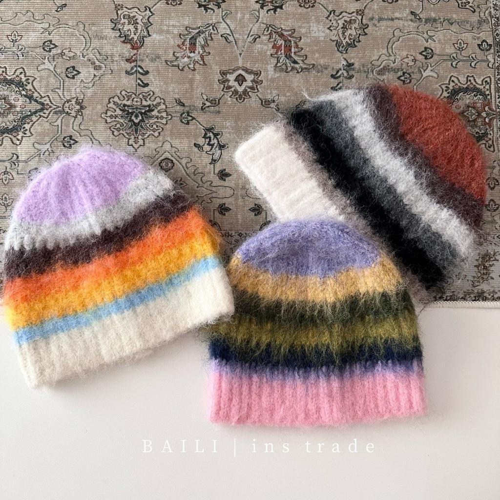 Korean Striped Plush Knitted Beanie Cap Women Autumn Winter Headgear Warm Ear Protection Cold Wool Hat