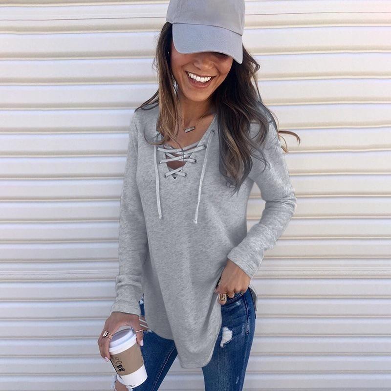 Spring and Autumn Women's Blouse Solid Color V-Neck Tie Loose Long Sleeve Top