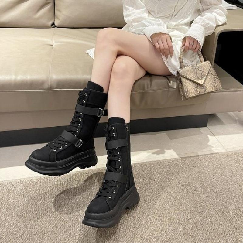 Fashion Round Toe with Laces Half High Boots for Women Spring Autumn Mid Calf Shoes Woman Cosplay Comfortable and Elegant Work Footwear