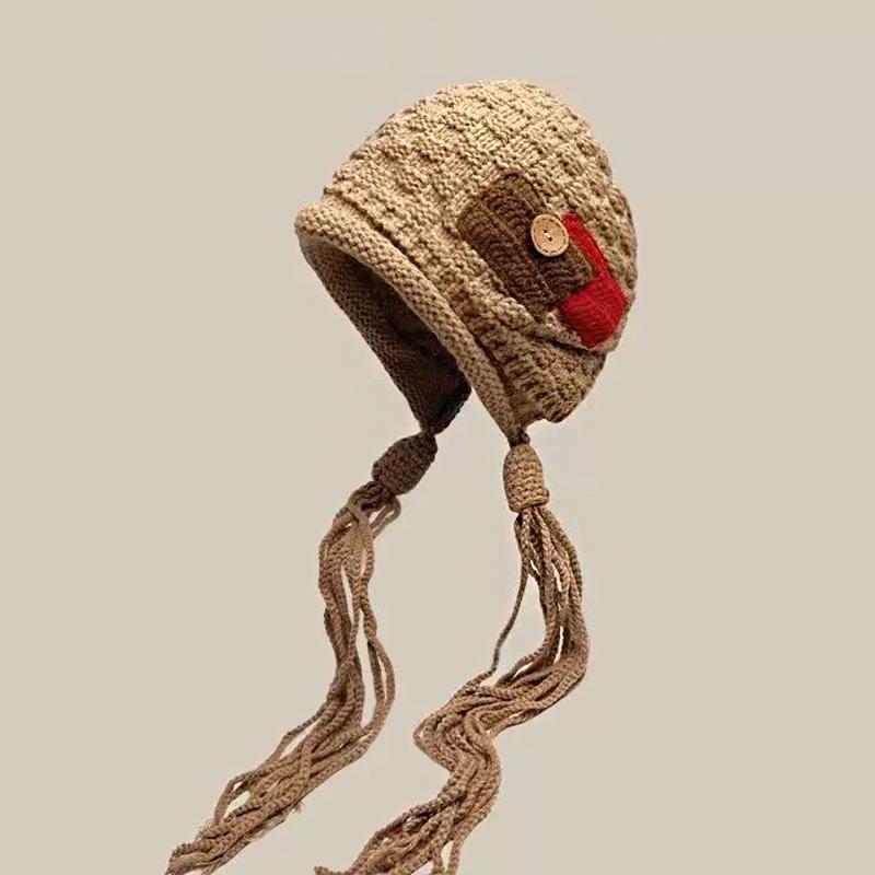1PC Handmade Red Tassel Soft Knit Fashionable Wool Trendy Hat Handmade Braid Warm
