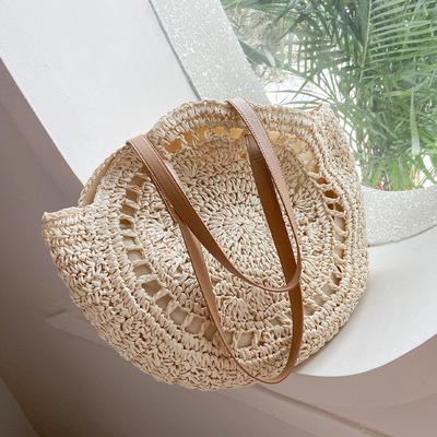 Sommer Runde Strohtaschen für Damen Rattan Schultertasche Reise Handgefertigt Gewebt Strand Handtaschen Damen Große Kapazität Tragetasche