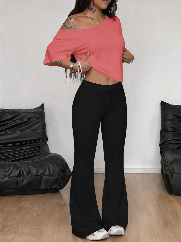 New European and American fashion suit diagonal shoulder solid color T-shirt trousers two-piece suit, diagonal shoulder short-sleeved trousers cover