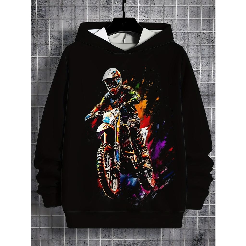 Boys' Colorful Motorcycle Rider 3D Printed Long Sleeved Hooded Sweatshirt, Boys' Spring and Autumn Sportswear