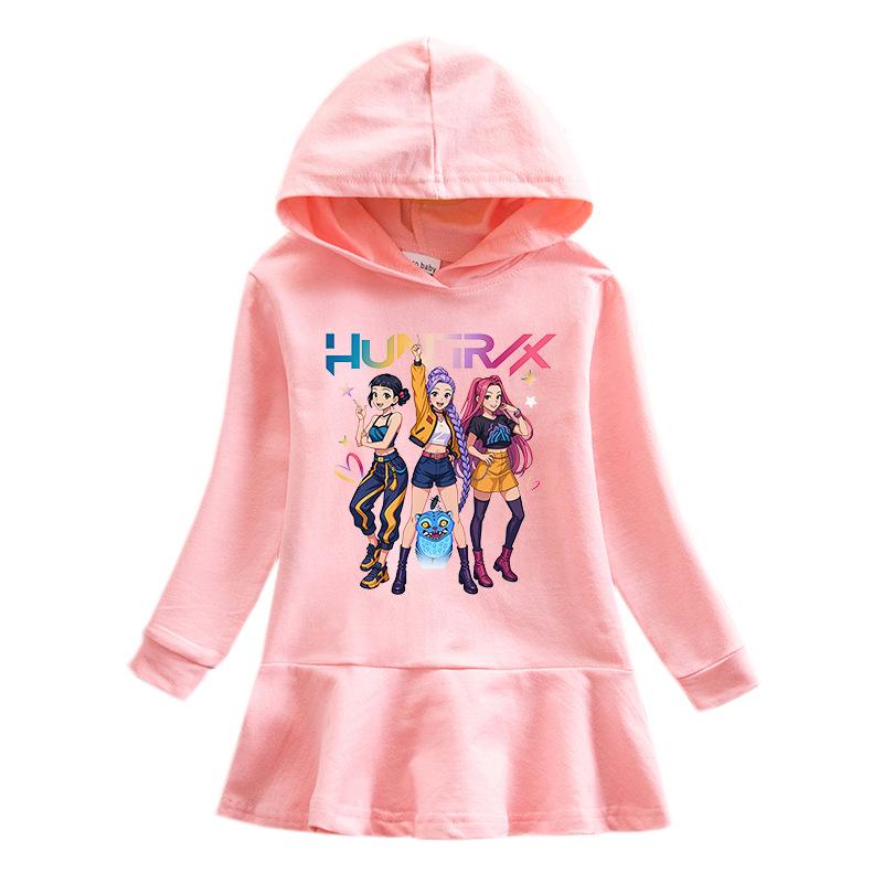 Kpop Monster Hunter Girl Group Ruffle Cartoon Rainbow Long Sleeve Hooded Princess Dress for Kids