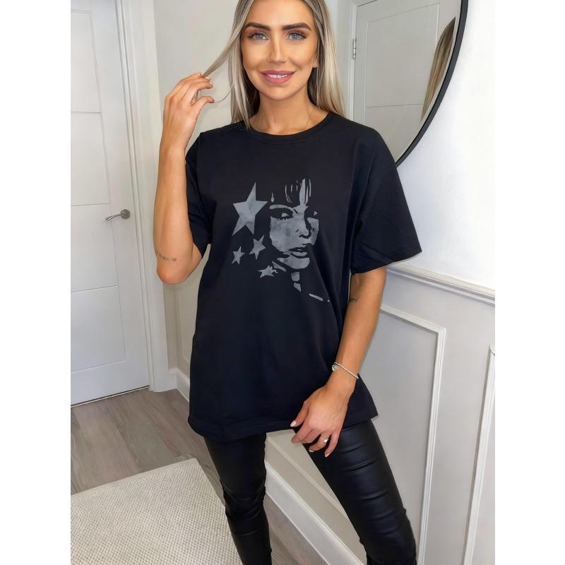 Oversized T Shirt Black Star And Face Print Graphic Tee For Casual Wear