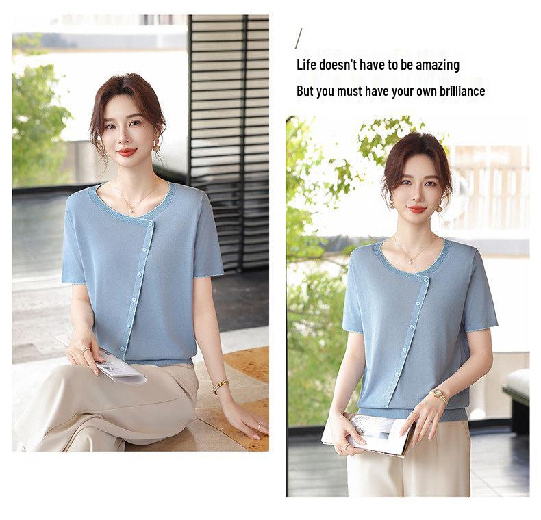 2026 Ice Silk Summer T-Shirt Set for Middle-Aged & Elderly Women: Short-Sleeve, Stylish, Lightweight Knitted Top