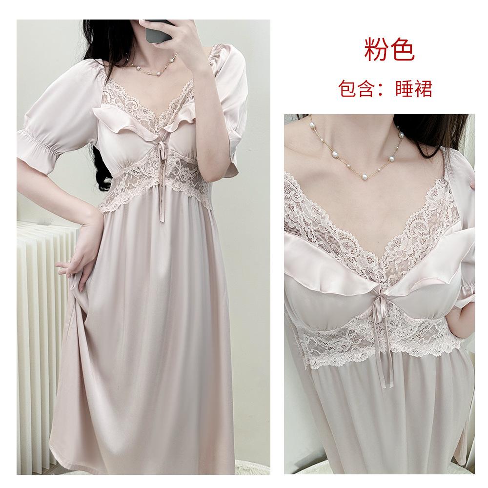 Skinny princess style short-sleeved nightdress women's summer long lace girlish pajamas ice silk satin thin loungewear summer