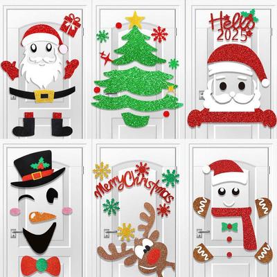 Christmas Door Stickers Elk Snowman Cartoon Santa Claus New Decoration Happy Year Wall Sticker Y8U2