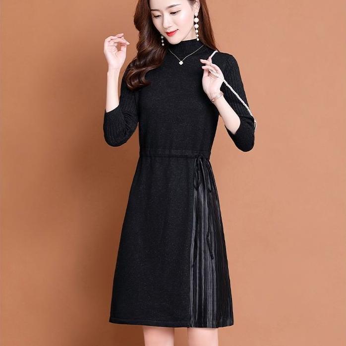 

Knitted Dress for Women In Autumn and Winter Mid-length Sweater Dress Casual Long-sleeved Half Turtleneck Sweater M чёрный