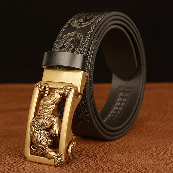 Fashion Men's Belt Leather Belt Men's Carved Floral Tiger Pattern Gold Self Buckle Belt for Jeans