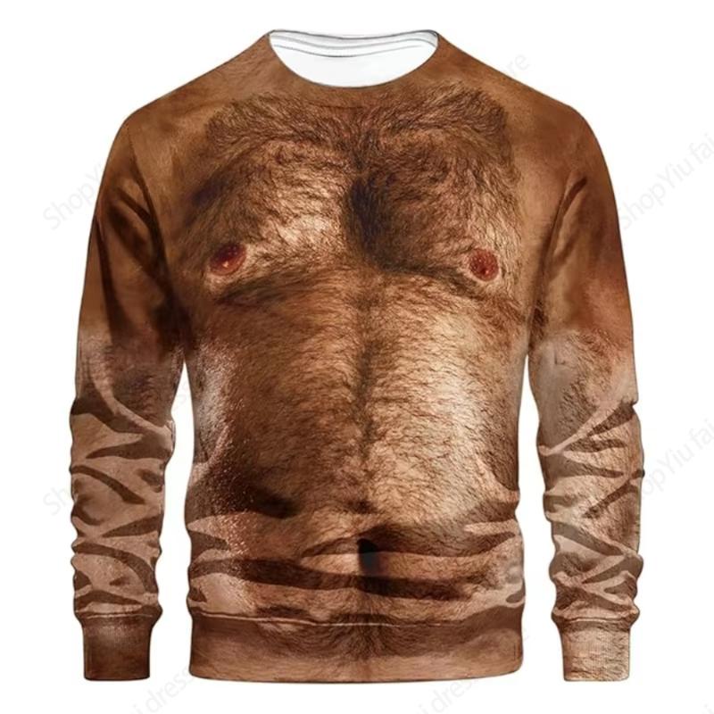 Crewneck Long Sleeve T-shirt 3D Funny Muscle Body Printed T-shirts Slim Oversized T Shirt Men Tops Ugly Chest Hair Tops Tees New