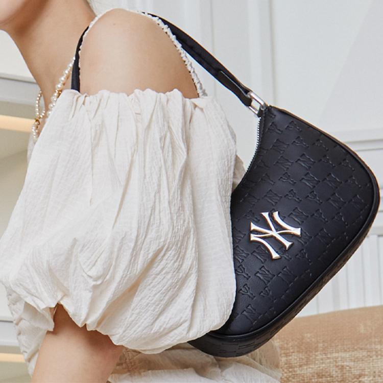 New MLB Monogram Collection Artificial Leather Shoulder Bag Dumpling Bag Shoulder Bags Unisex Black Gold 3ABQS022N-50BKS