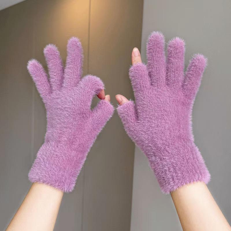 Gloves, Winter Dew Two Fingers To Keep Warm, Fleece Half Fingers, Cute Plush, Cold-proof and Leak-proof Fingers, Students Riding Bicycles