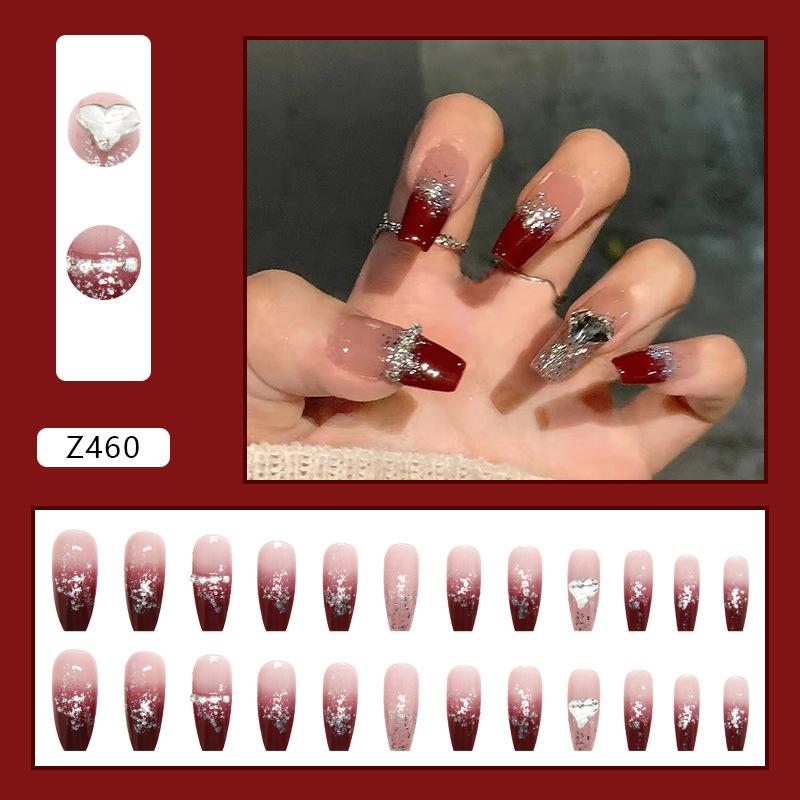 Artificial Nails Wine Red Smudge Flash Love Wear Nail Long Nail Art Transparent Hot Girl Ins Style False Nails 24 Pieces