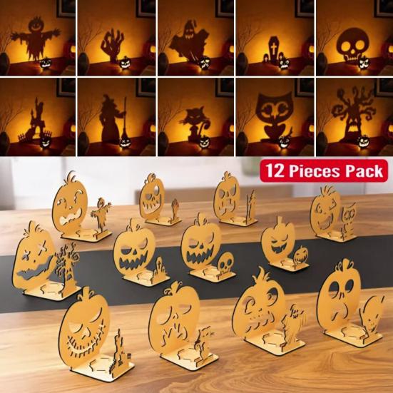Halloween Shadow Candle Holder Funny Shadow Stand Candlestick with Witch Skeleton Pumpkin Cat Silhouette Holiday Table Centerpiece