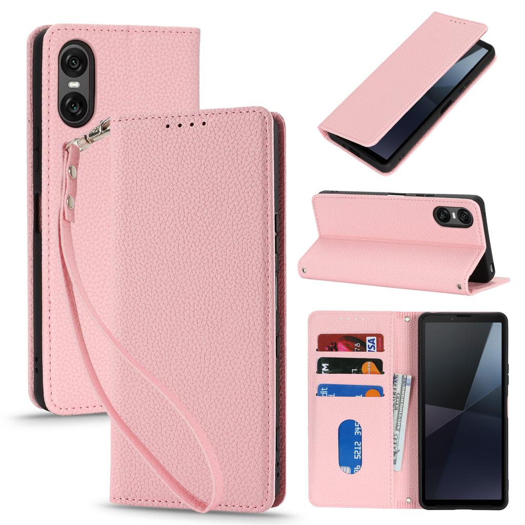 For Sony Xperia 10 VI Case Stand Wallet Litchi Texture Leather Flip Phone Cover with Strap
