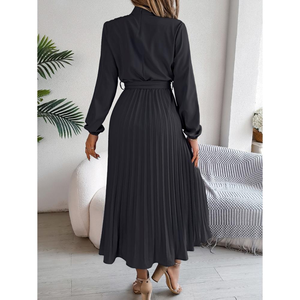 Herbst und Winter Elegantes Stehkragen Langarm Taille Falten Langer Rock Kleid