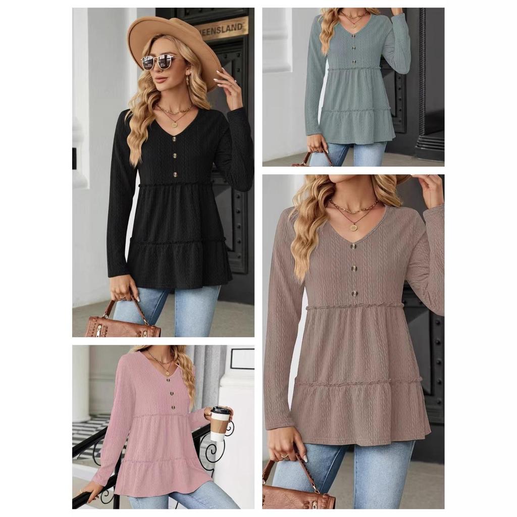 2024 Autumn/Winter V-neck Button Patchwork Loose Long Sleeve T-shirt
